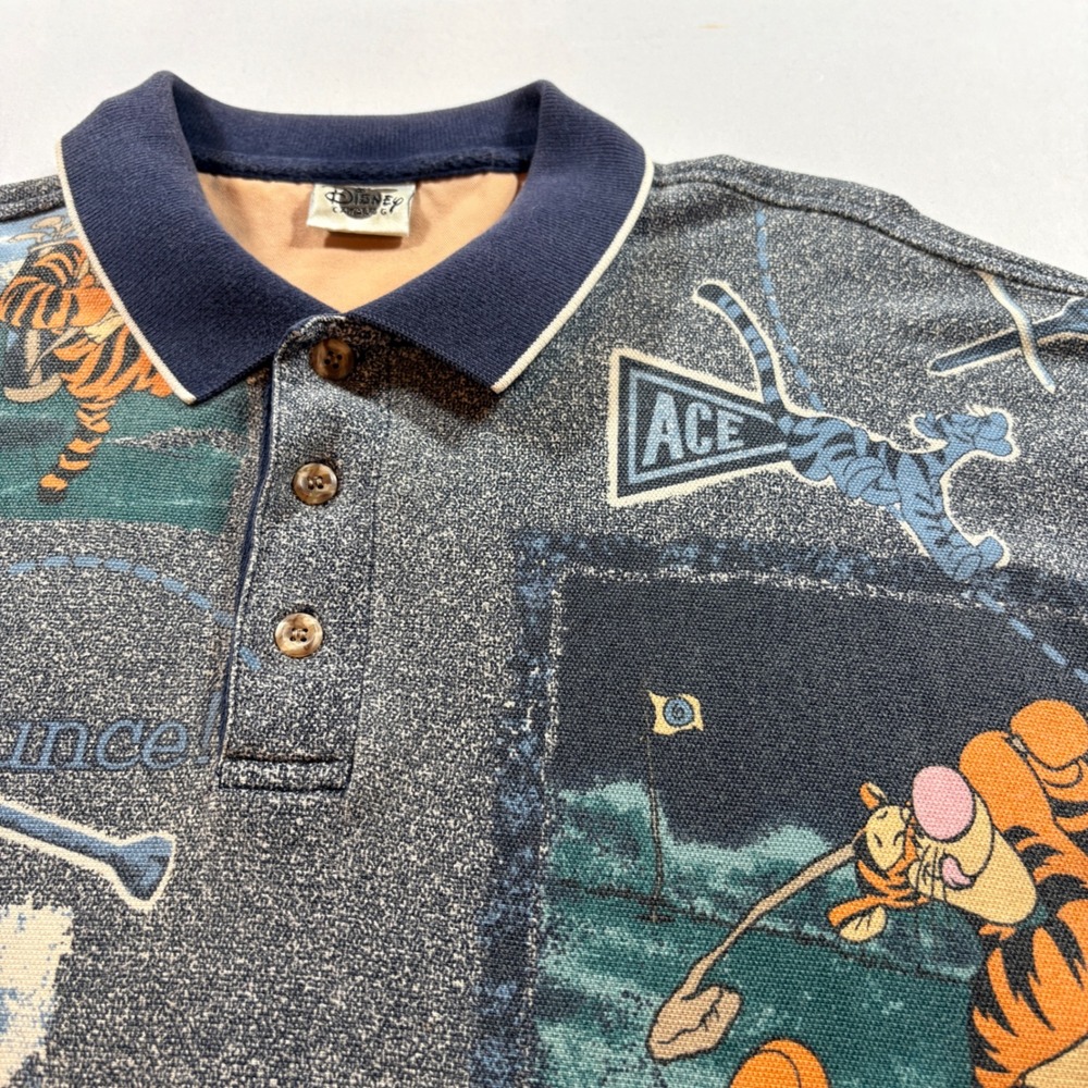 Disney Catalog Tigger Golf Polo Shirt Mens L Blue All Over Print Cotton Vintage